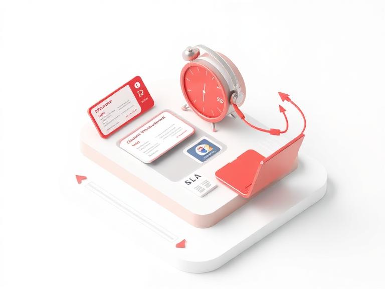 Isometric support helpdesk with ticket cards and SLA timer